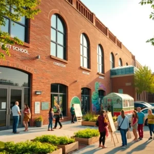 Renovated Corktown school building housing Kintsugi Village with community garden and rooftop greenhouse
