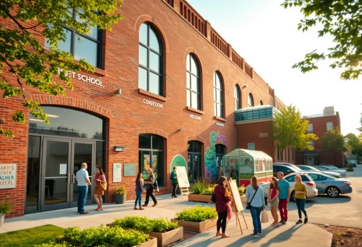Renovated Corktown school building housing Kintsugi Village with community garden and rooftop greenhouse