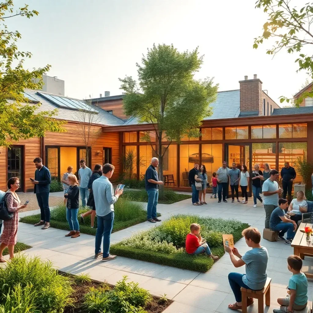 Exterior view of Kintsugi Village community hub in Corktown with gardens and visitors at the grand opening