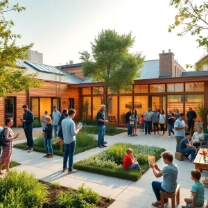 Exterior view of Kintsugi Village community hub in Corktown with gardens and visitors at the grand opening