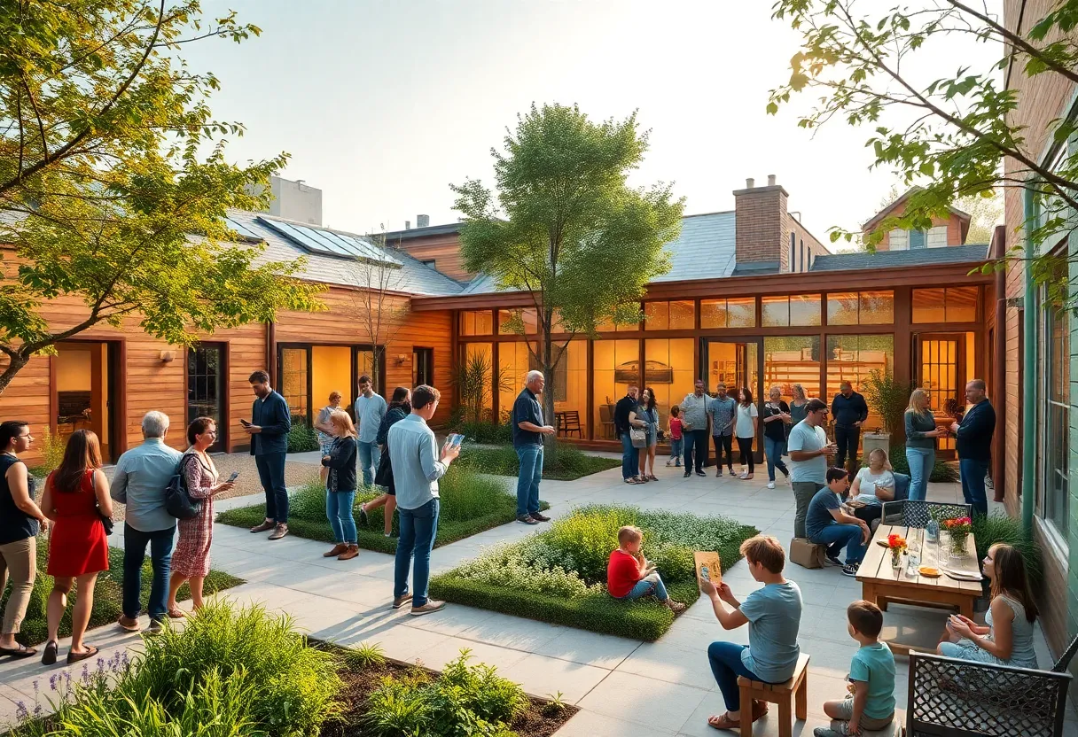 Exterior view of Kintsugi Village community hub in Corktown with gardens and visitors at the grand opening