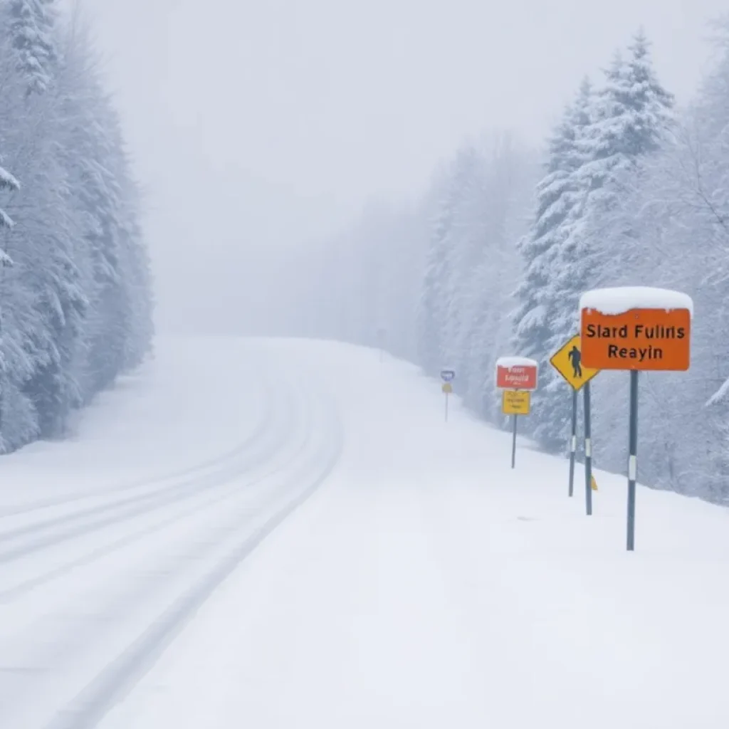 Snow-covered landscape during lake-effect snowfall
