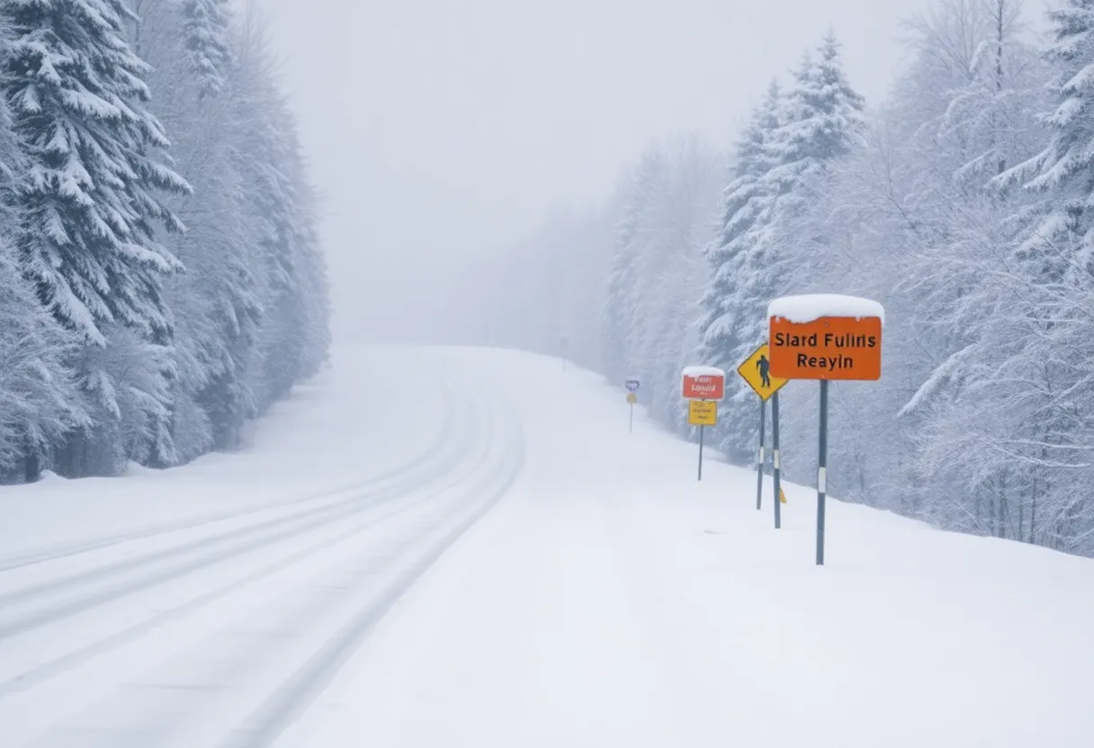Snow-covered landscape during lake-effect snowfall