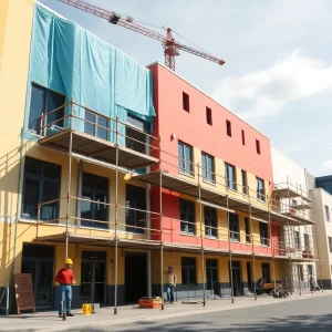 A school building being renovated with construction workers on site.