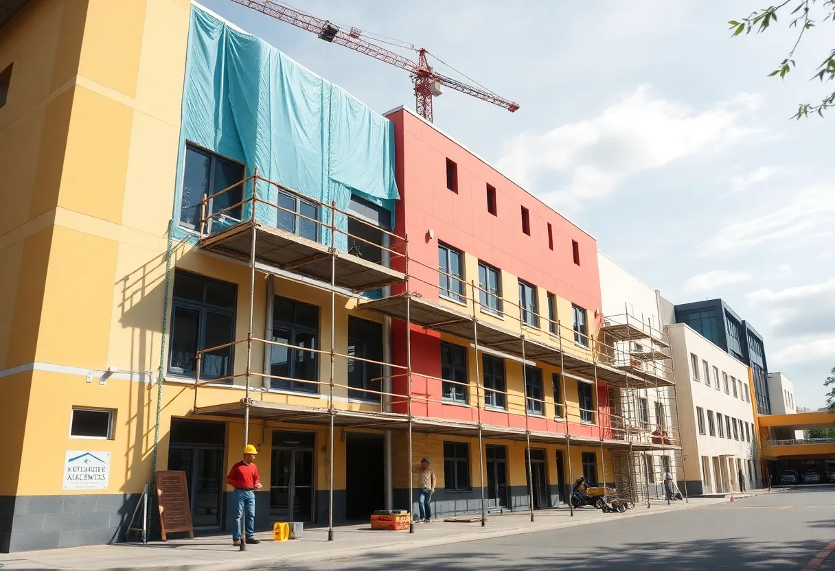 A school building being renovated with construction workers on site.