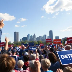 Campaign scene for the Michigan Senate race with supporters and signs