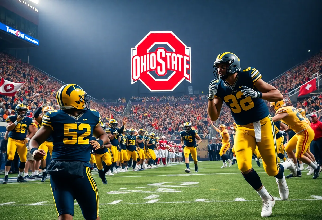 Football players from Michigan Wolverines and Ohio State Buckeyes in an intense game atmosphere.