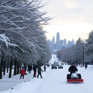 Winter scene in Michigan with snow and people engaging in winter activities.