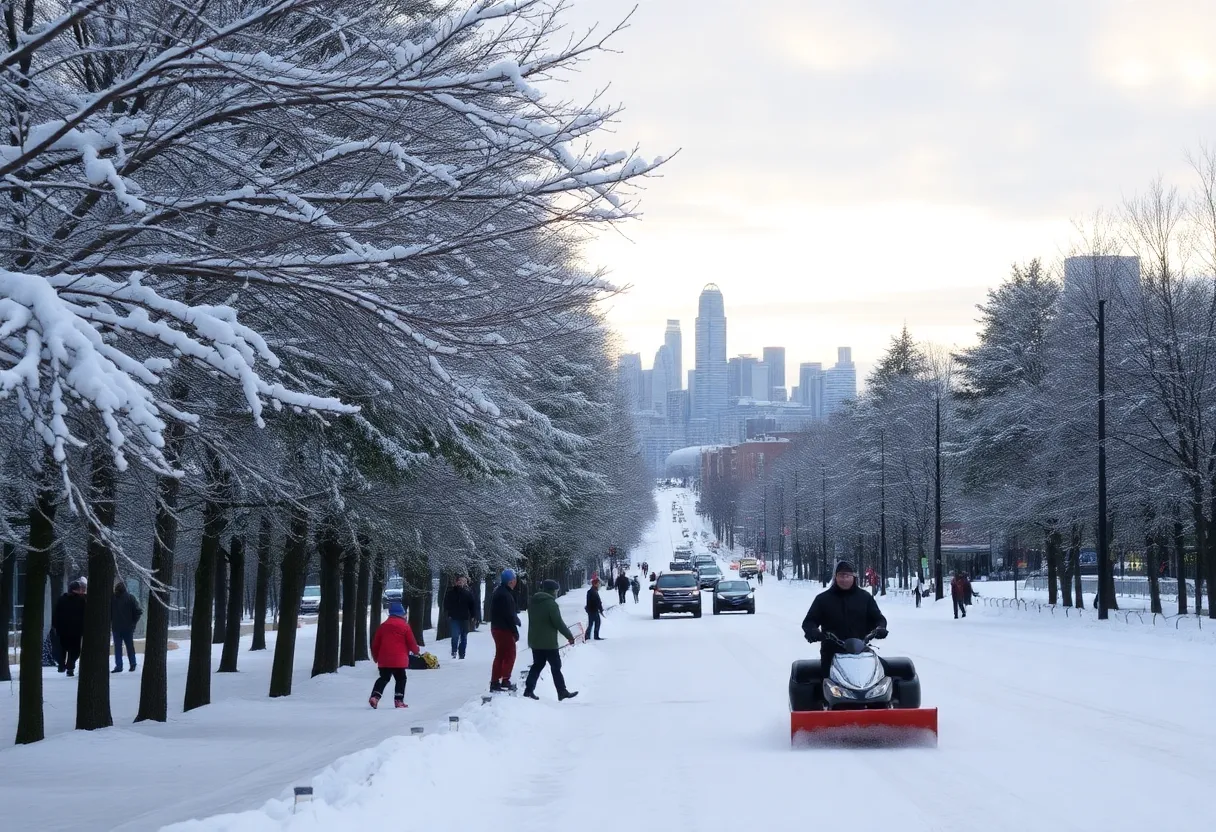 Winter scene in Michigan with snow and people engaging in winter activities.