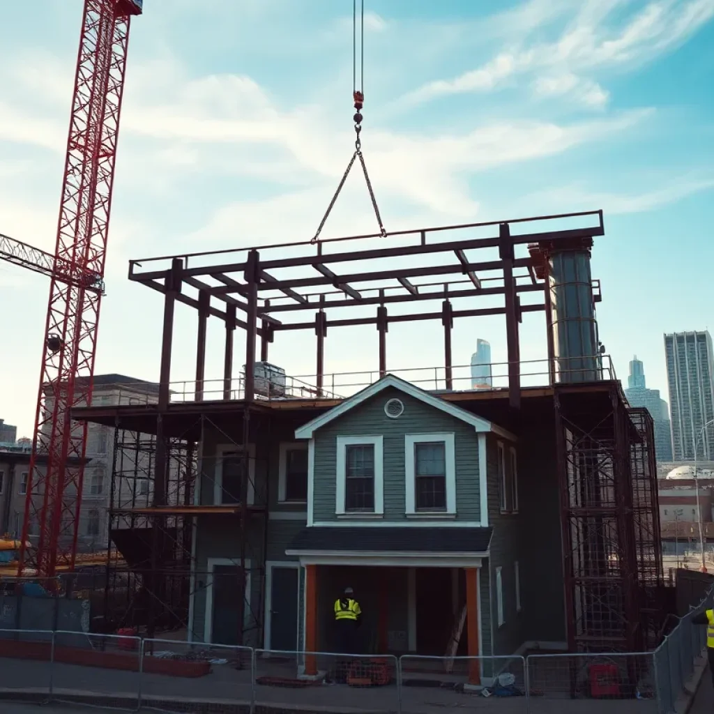 Crane installing the final steel beam at the Motown Museum expansion site behind the historic house