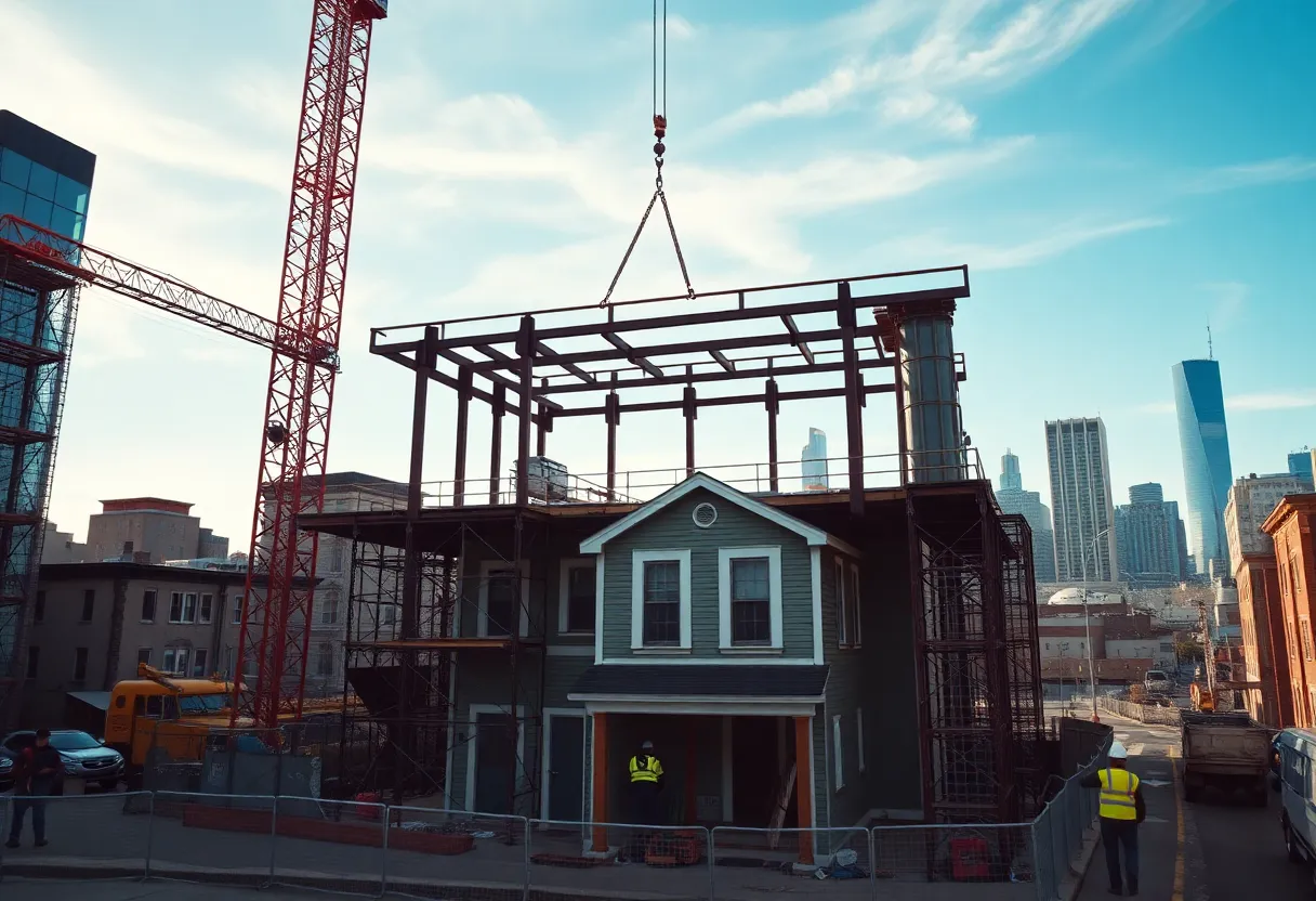 Crane installing the final steel beam at the Motown Museum expansion site behind the historic house