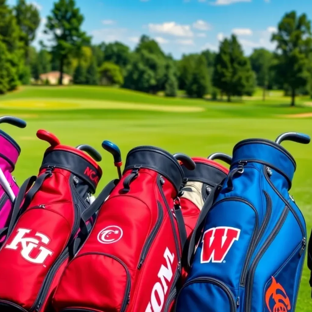 Display of NCAA golf bags featuring college logos