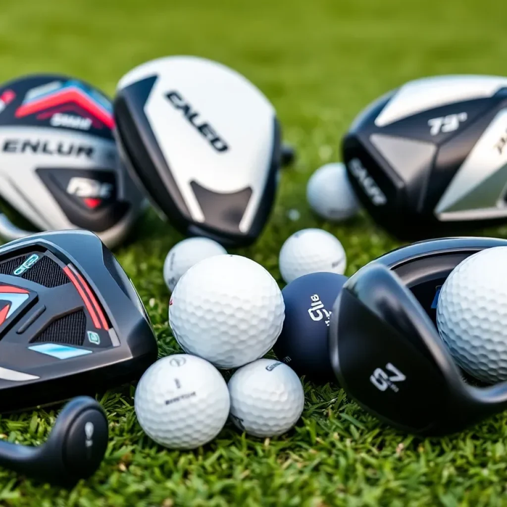 A variety of new innovative golf equipment including drivers and balls on display.