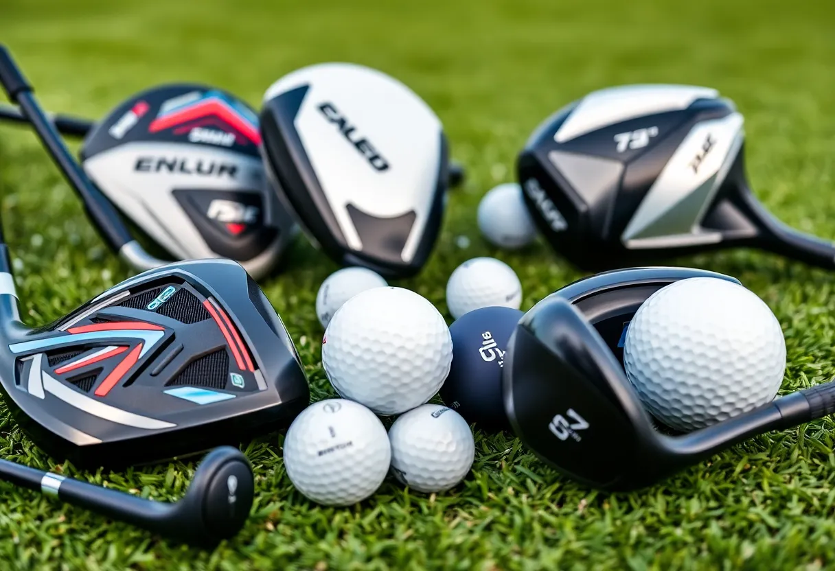 A variety of new innovative golf equipment including drivers and balls on display.