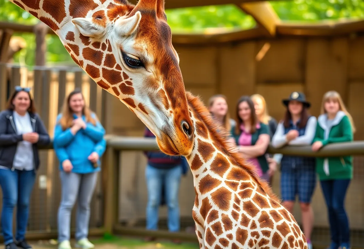 Newborn giraffe calf nursing at Detroit Zoo