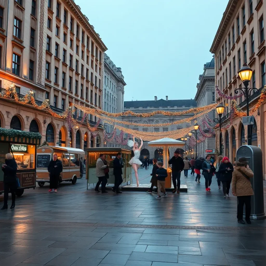 Pedestrian plaza lit with holiday lights, vendor carts, café truck and a life-size ballerina sculpture with families enjoying the evening