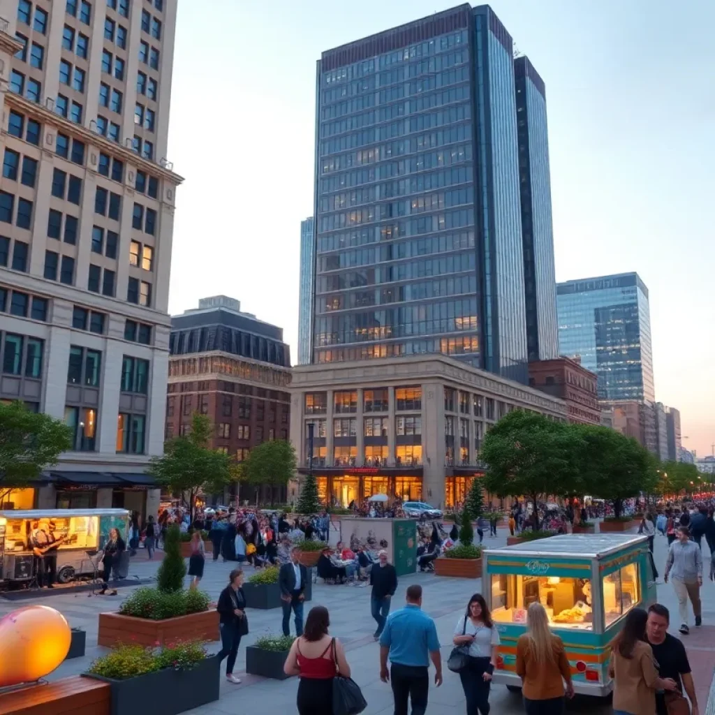Public plaza with live music, art installations and food truck in front of a mixed-use skyscraper