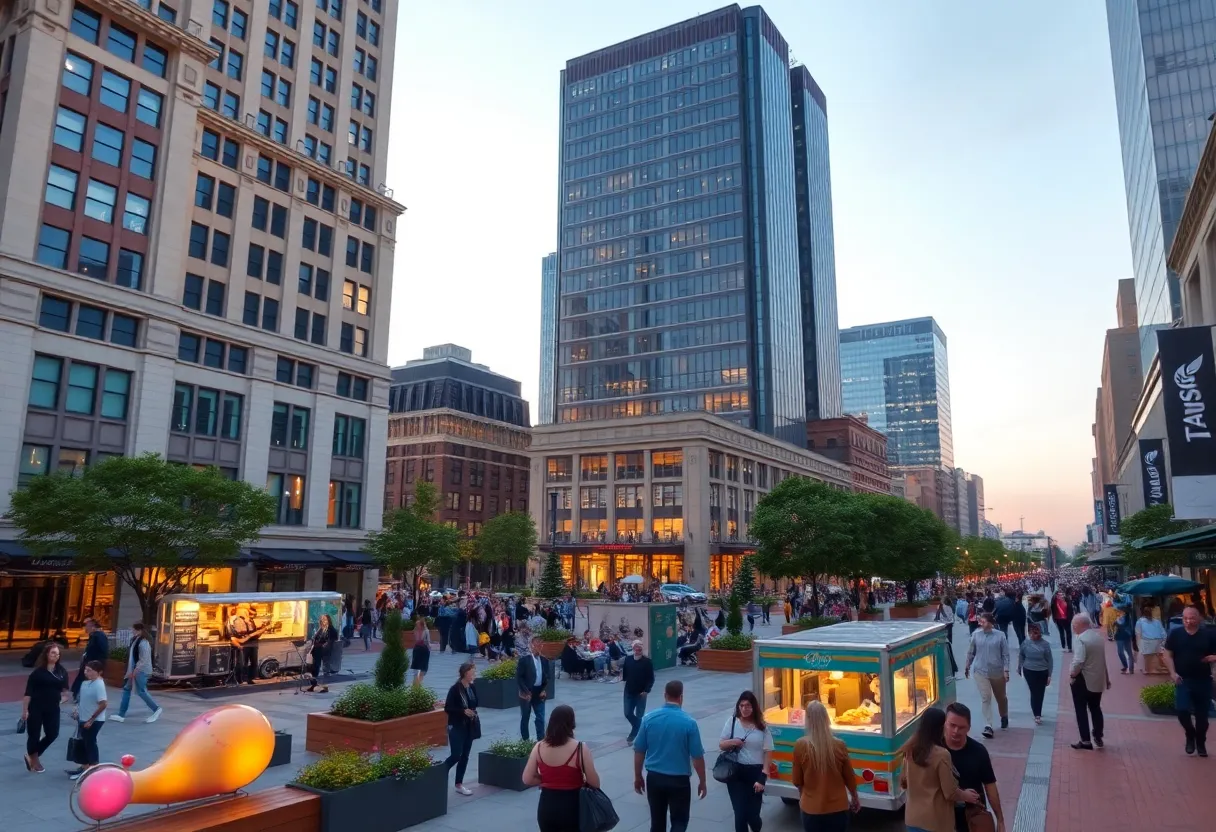 Public plaza with live music, art installations and food truck in front of a mixed-use skyscraper