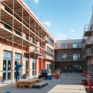 HERE Branding Bundle Construction crew working on the renovation of Novi Schools