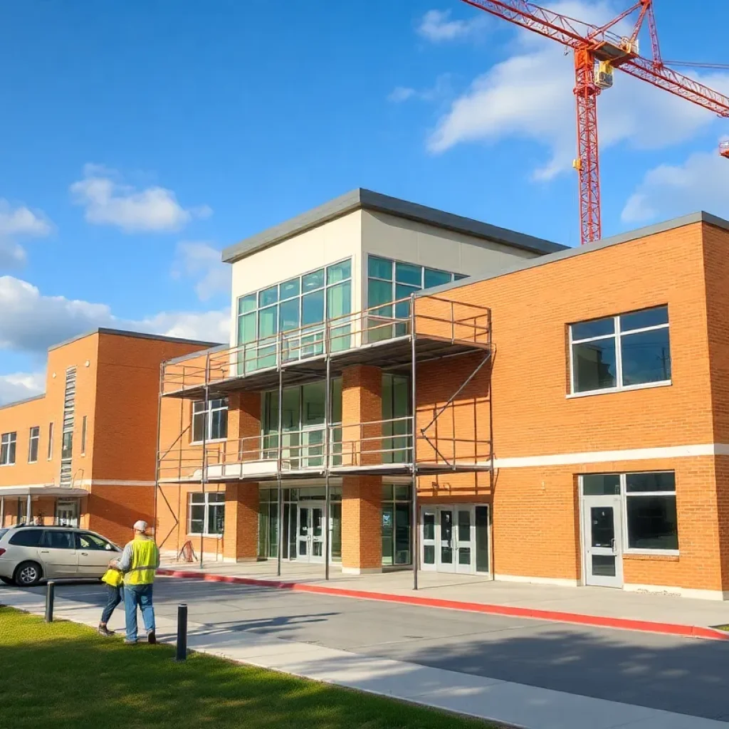 Construction scene of Oakland County school renovation.