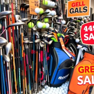 Job Dashboard A display of golf gear and equipment at PGA TOUR Superstore during the Saving Days event.