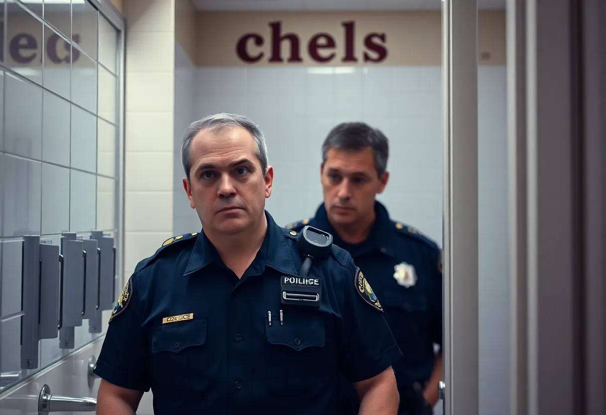Police officer conducting an investigation in a restroom of a Michaels store.