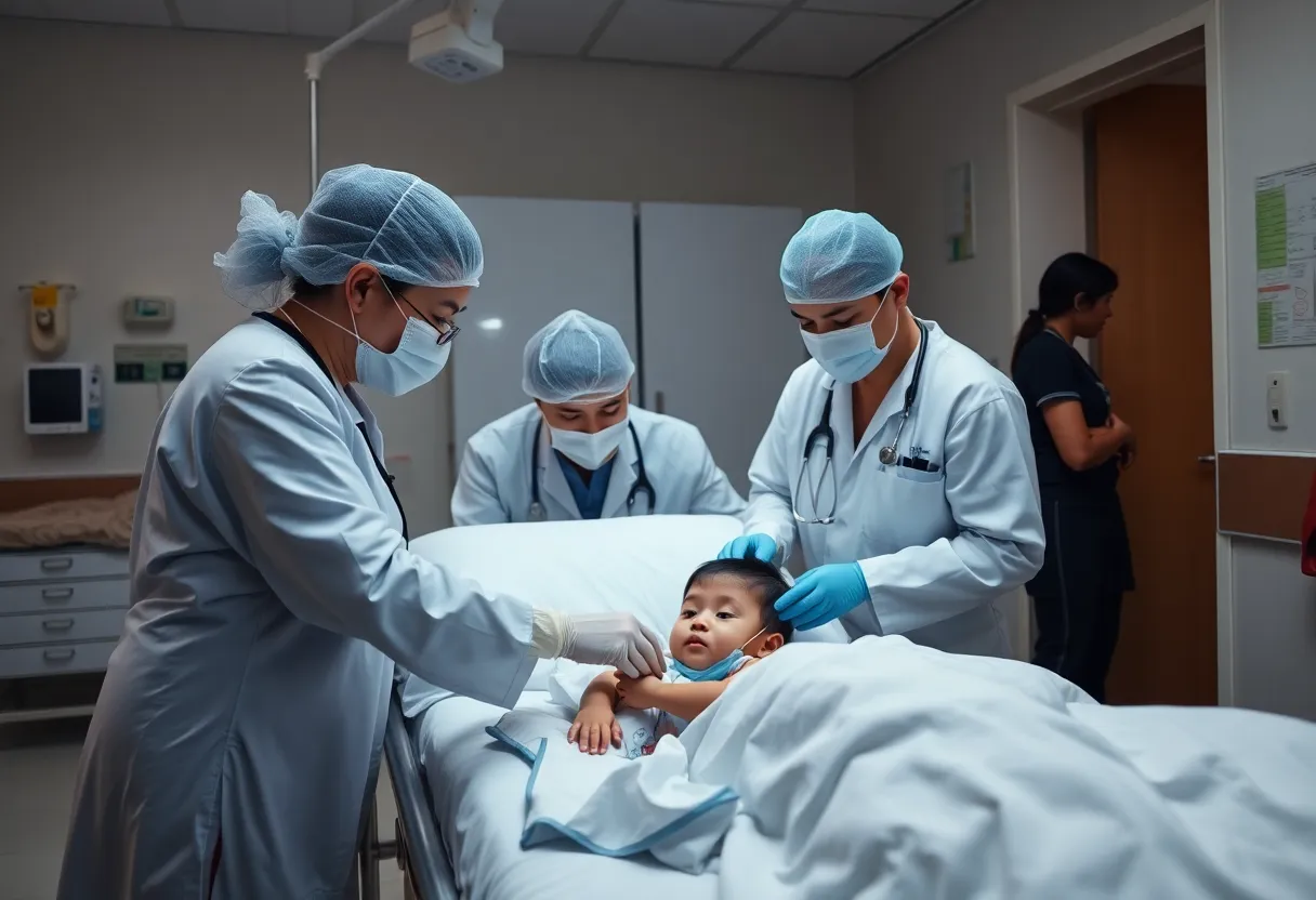 Medical staff assisting a malnourished child in a hospital