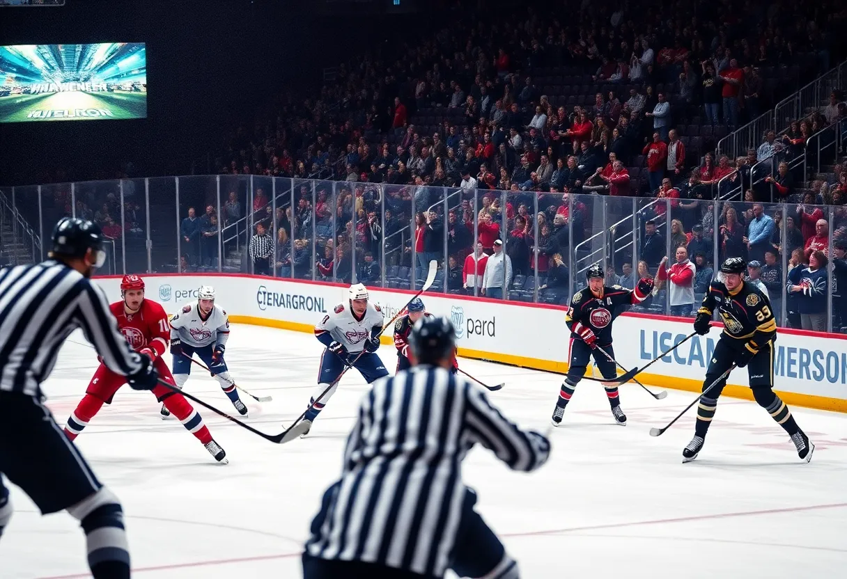 Players from the Nashville Predators and Detroit Red Wings competing on the ice during a hockey game.