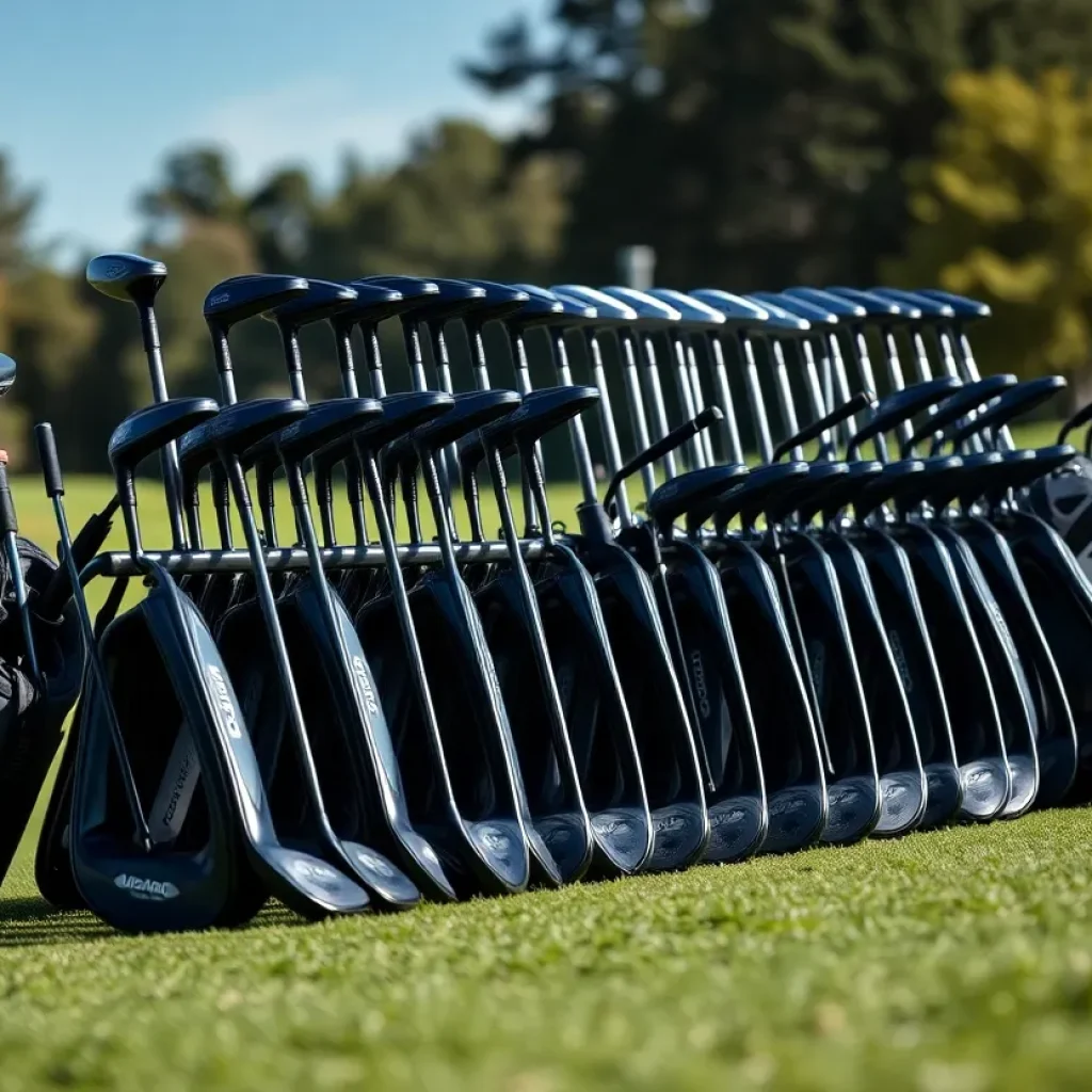Display of innovative PXG golf clubs at a scenic golf course