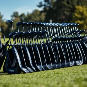 Display of innovative PXG golf clubs at a scenic golf course