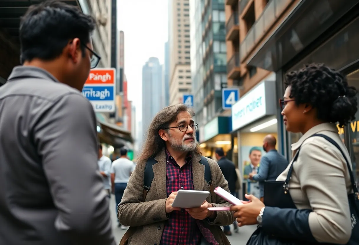 Small business owners discussing strategies in an urban environment.