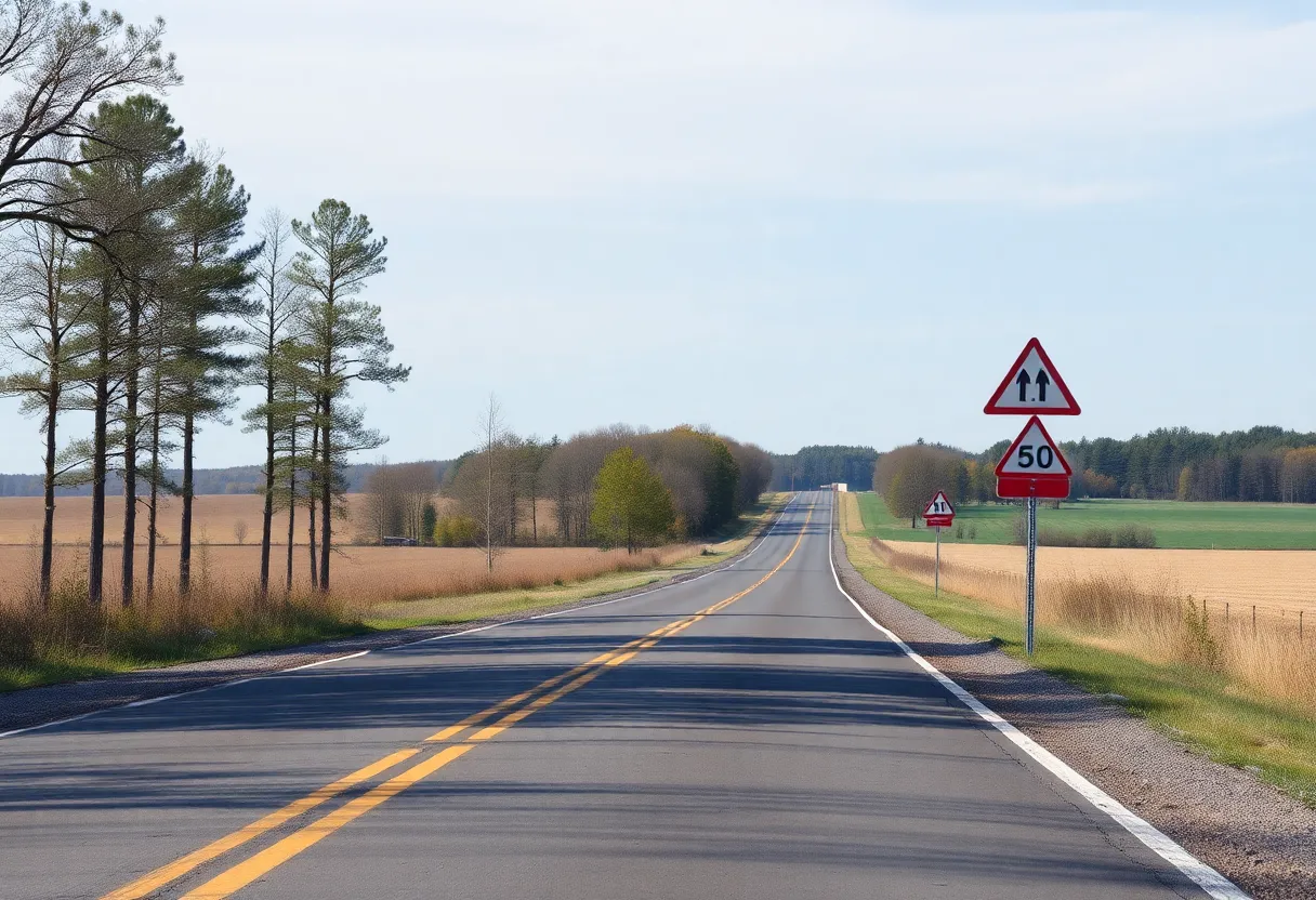 A quiet Michigan road with road safety signs.