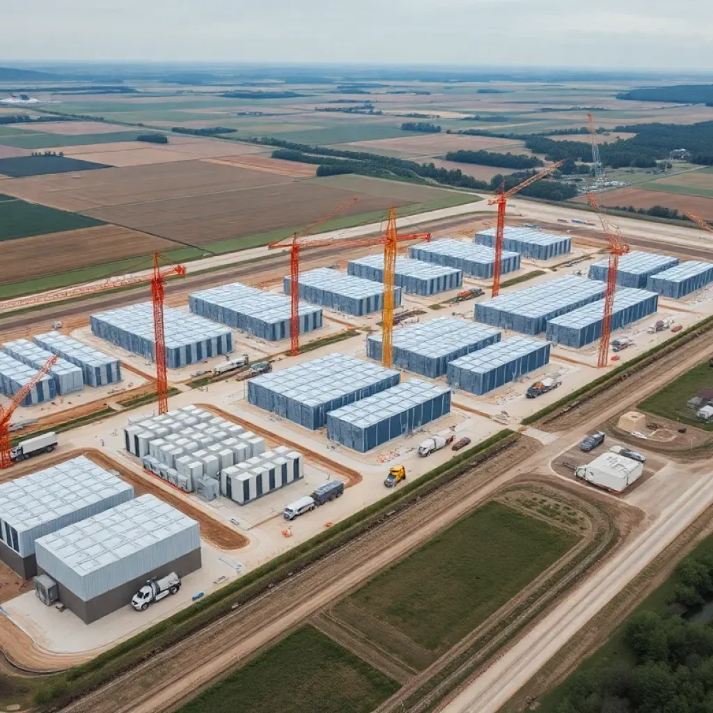 Aerial view of planned AI data center campus in Saline Township amid farmland, wetlands and construction activity