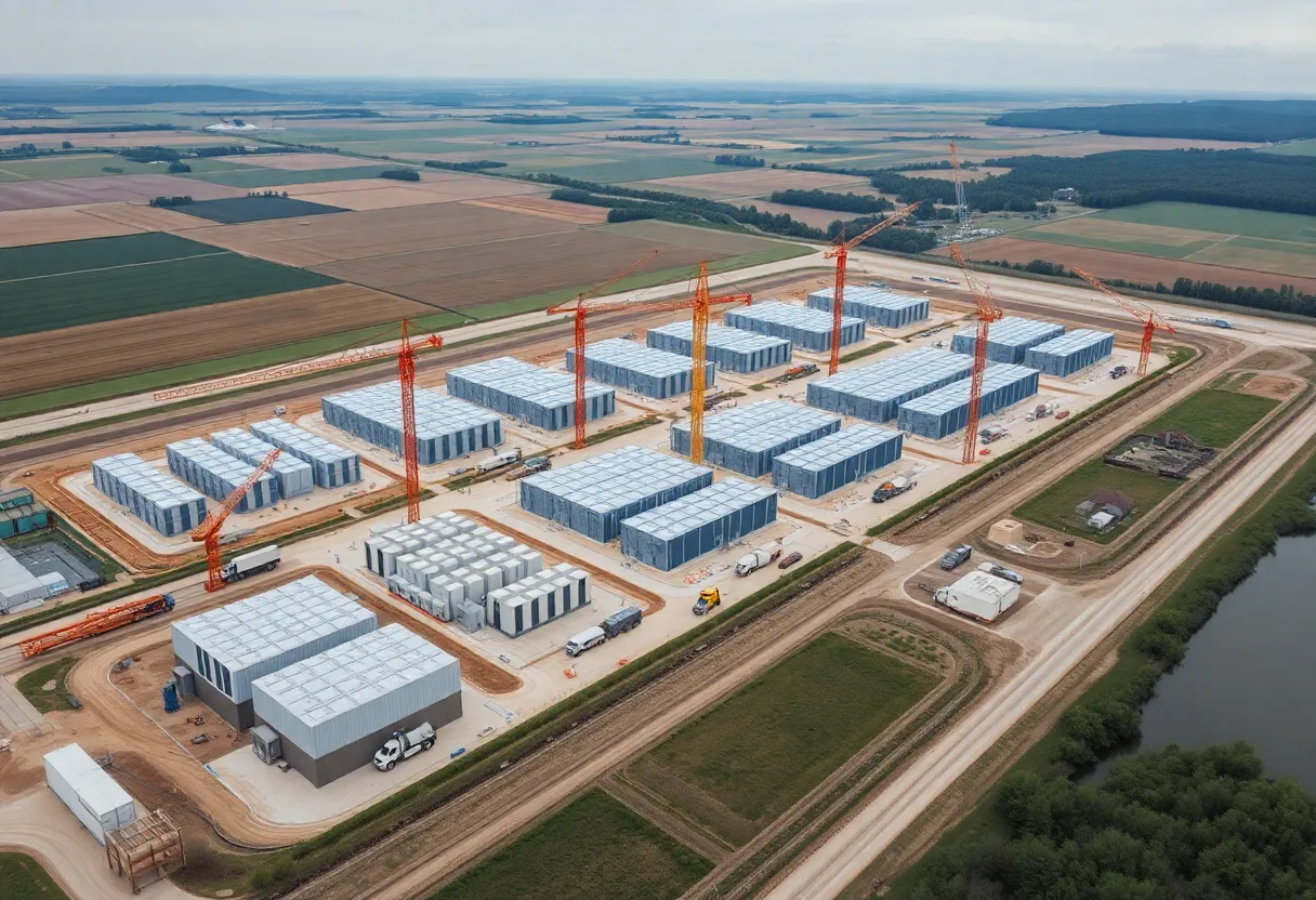Aerial view of planned AI data center campus in Saline Township amid farmland, wetlands and construction activity