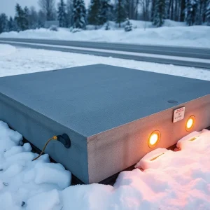 Innovative self-heating concrete slabs installed on a snowy road.