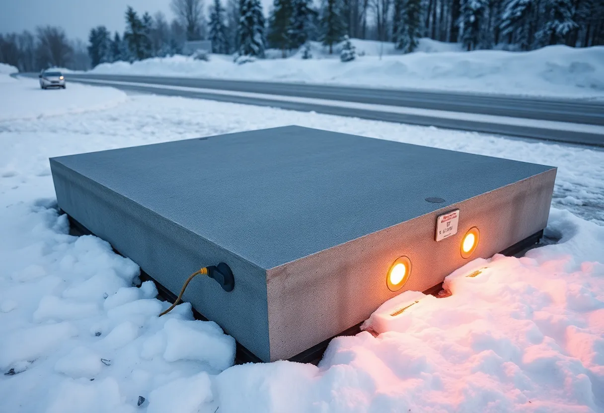 Innovative self-heating concrete slabs installed on a snowy road.