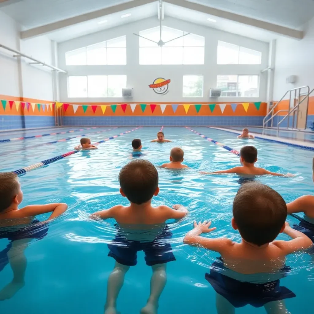 Indoor swimming pool at Sherwood Elementary School with students learning to swim.