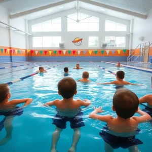 Indoor swimming pool at Sherwood Elementary School with students learning to swim.