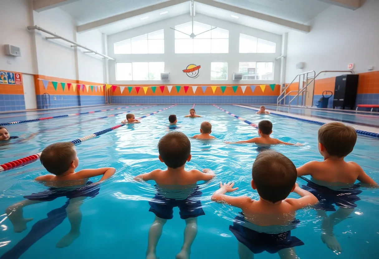 Indoor swimming pool at Sherwood Elementary School with students learning to swim.
