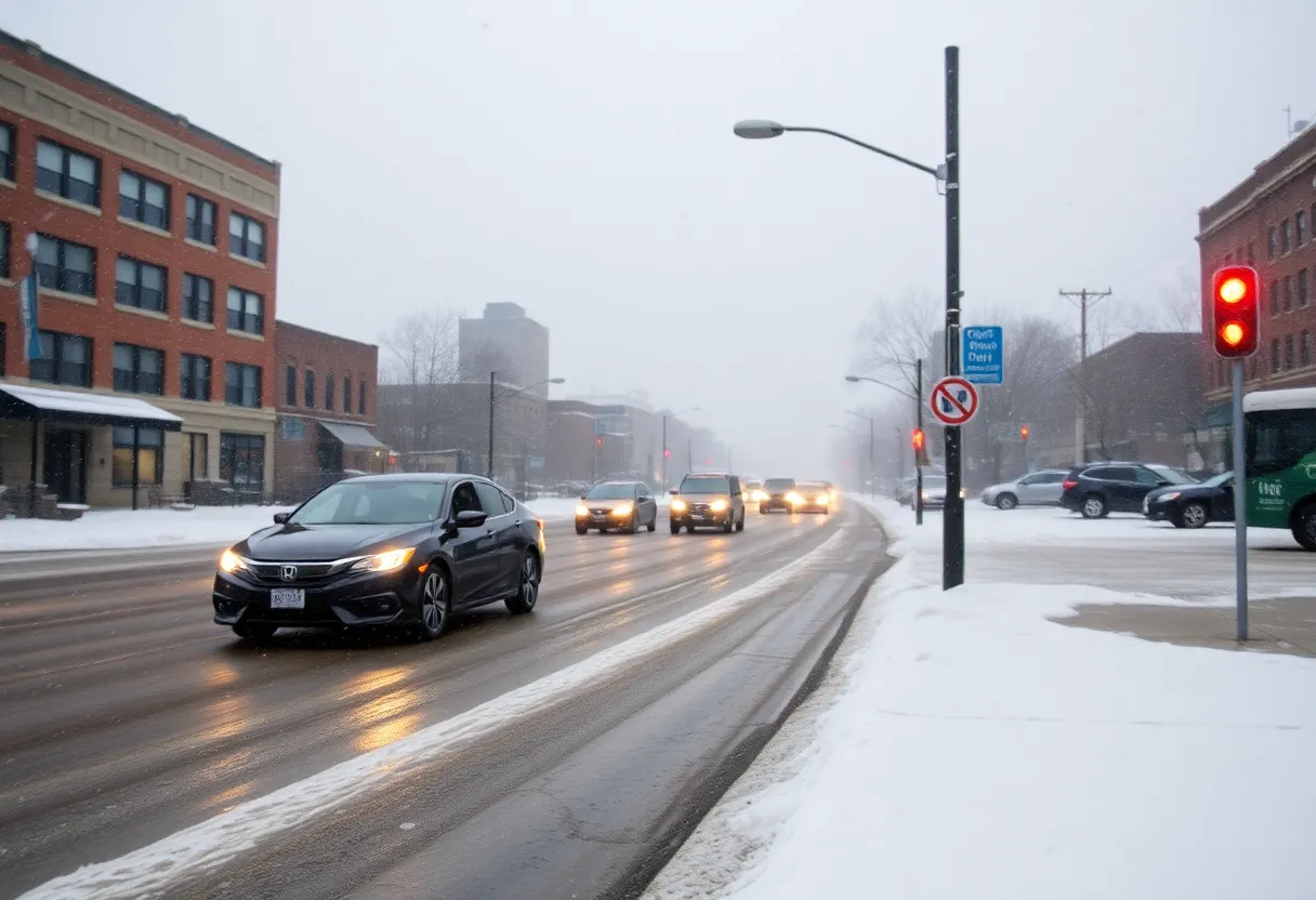 Snow falling on Detroit streets with icy conditions