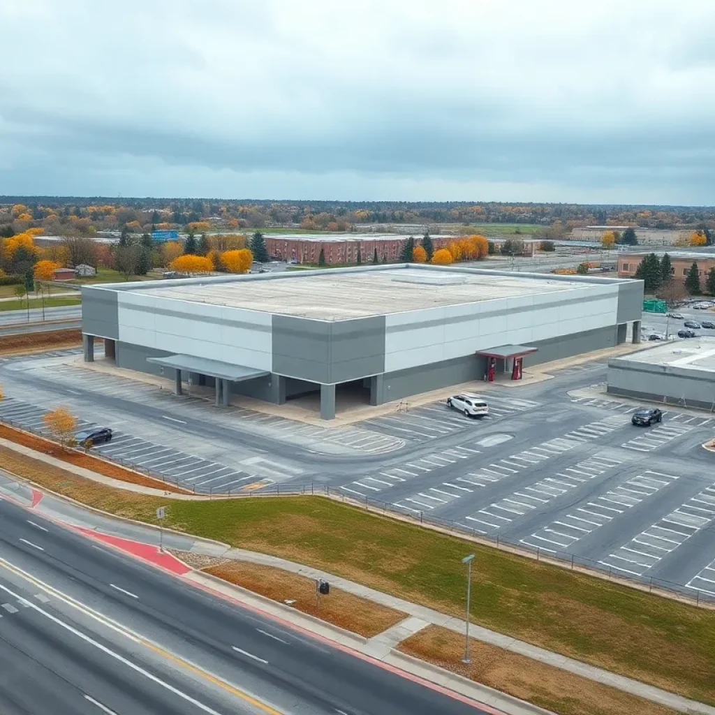 Rendering of proposed wholesale warehouse, gas station and large parking area near Telegraph Road and the I-696 interchange in Southfield