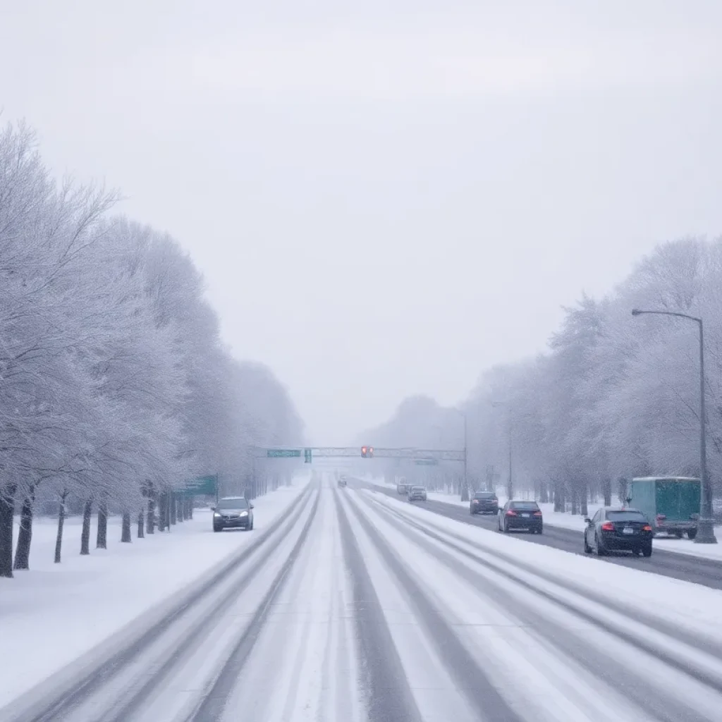Winter weather in Southfield, Michigan with snowfall