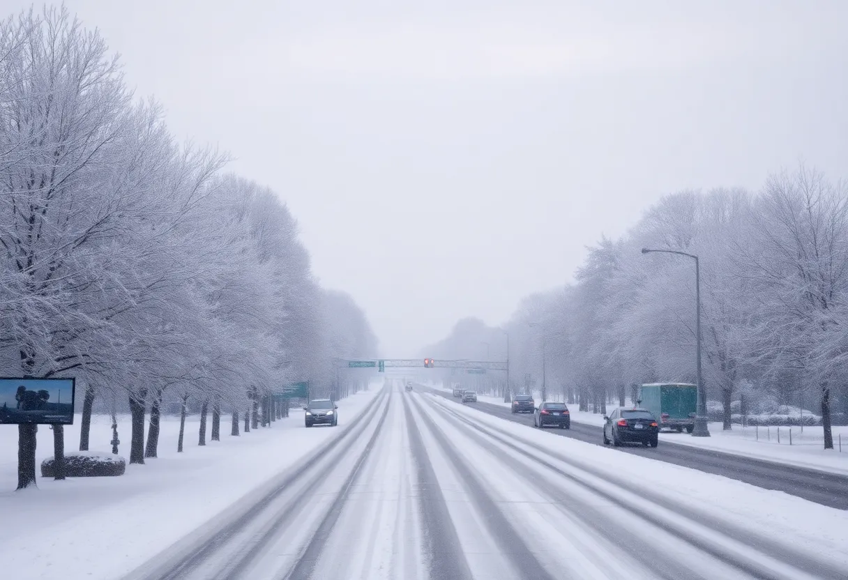 Winter weather in Southfield, Michigan with snowfall