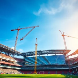A construction site of a sports stadium undergoing renovation