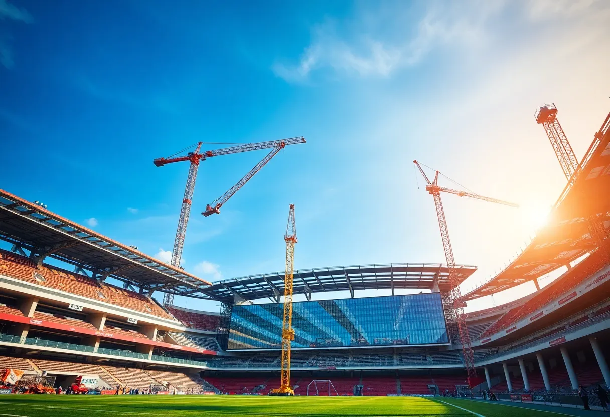 A construction site of a sports stadium undergoing renovation