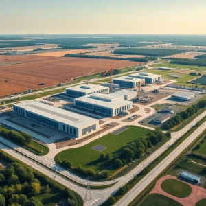 Aerial view of proposed Stargate data center campus with buildings, cranes, farmland and preserved wetlands