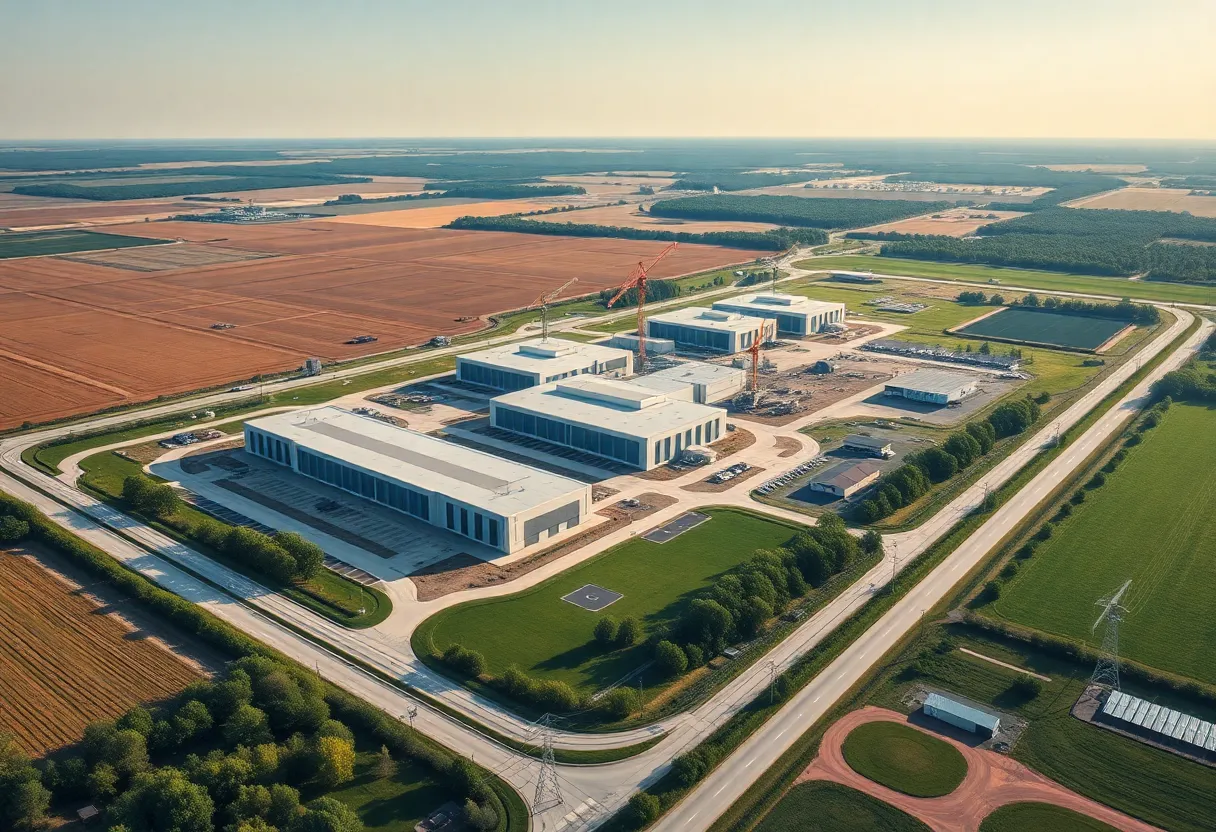 Aerial view of proposed Stargate data center campus with buildings, cranes, farmland and preserved wetlands