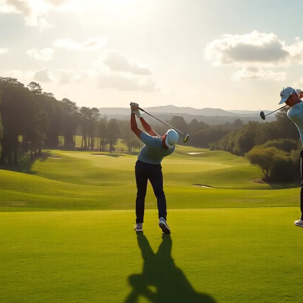 Golfers testing new high-tech TaylorMade drivers on a beautiful golf course