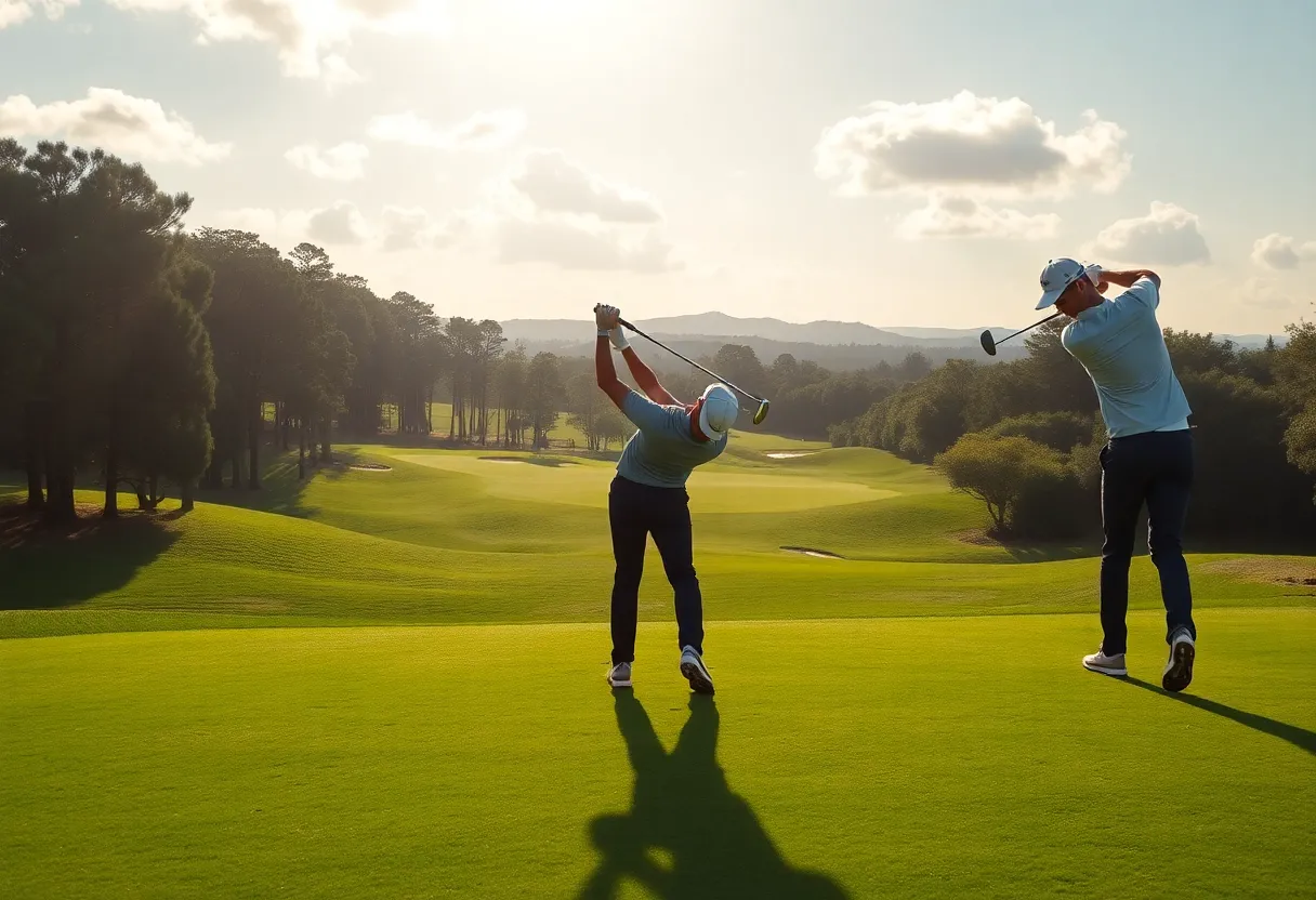 Golfers testing new high-tech TaylorMade drivers on a beautiful golf course
