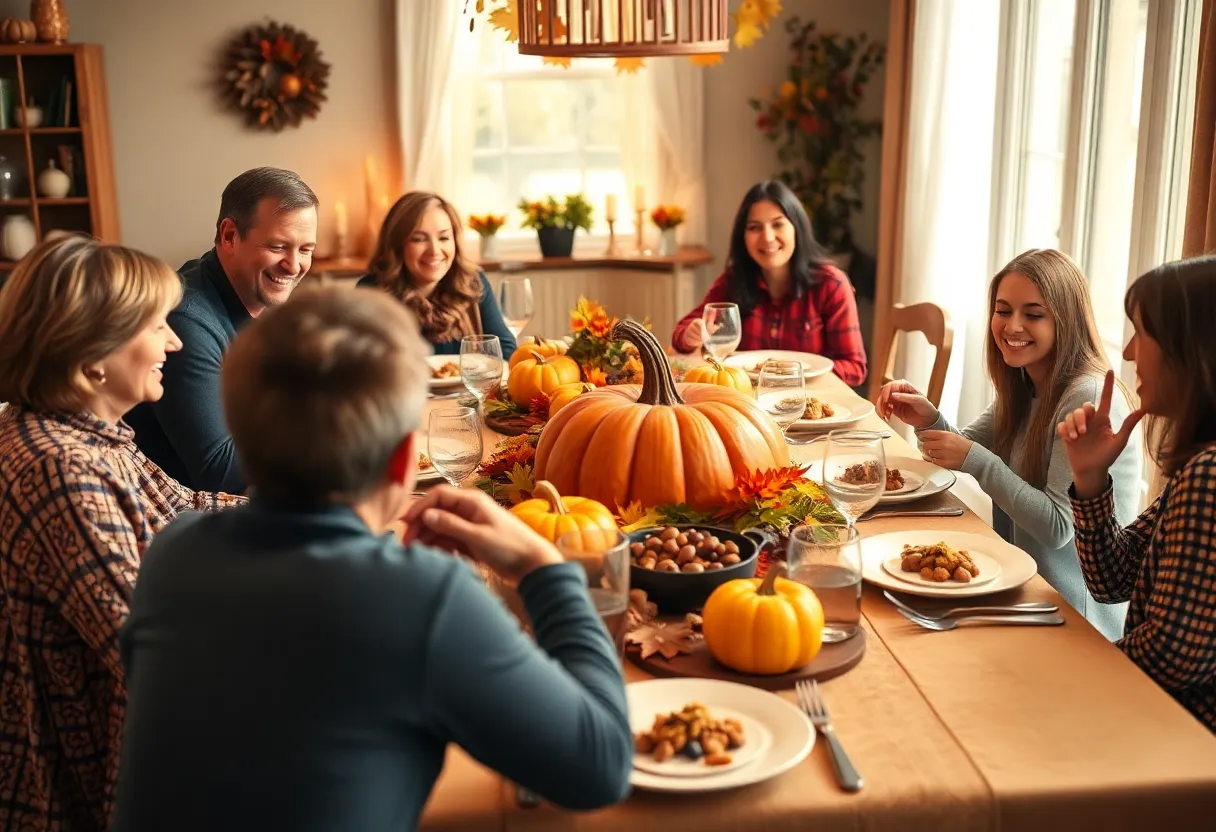 A Thanksgiving dinner celebration emphasizing gratitude with family and autumn decorations.